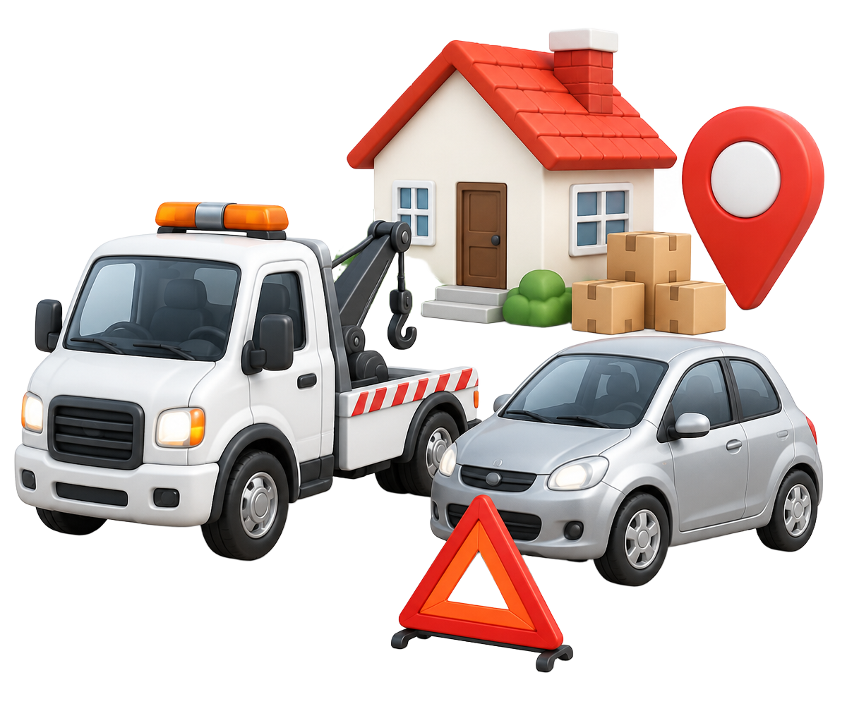 Tow truck, car, house and moving boxes representing MOVE services